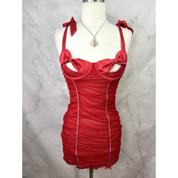 y2k Victoria Secret Lingerie Babydoll Dress Red Rhinestone Bling Bow Peek A Boo - Picture 8 of 16